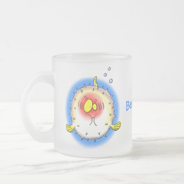 Funny puffer fish porcupine fish cartoon frosted glass coffee mug (Left)