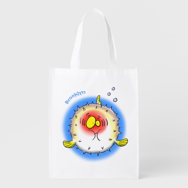 Funny puffer fish porcupine fish cartoon grocery bag (Front)