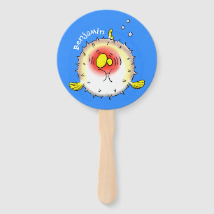 Funny puffer fish porcupine fish cartoon hand fan