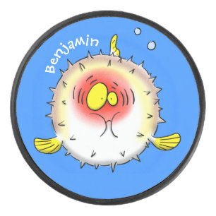 Funny puffer fish porcupine fish cartoon hockey puck