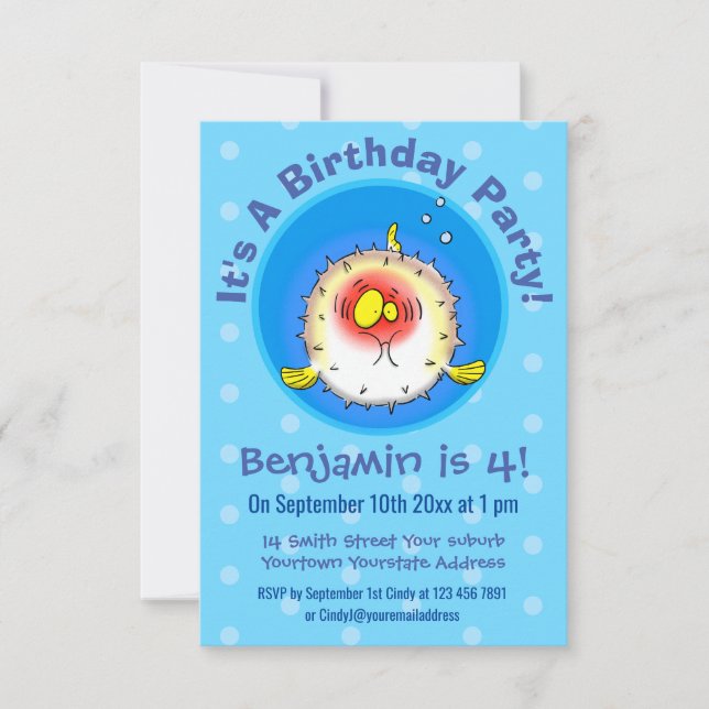 Funny puffer fish porcupine fish cartoon invitation (Front)