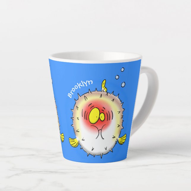 Funny puffer fish porcupine fish cartoon latte mug (Right Angle)