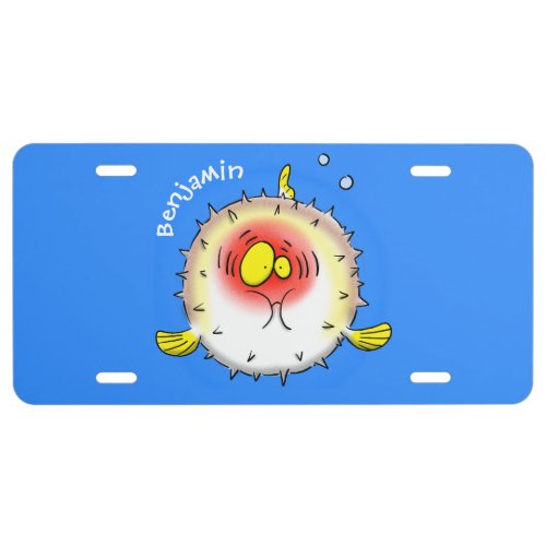 Funny puffer fish porcupine fish cartoon license plate