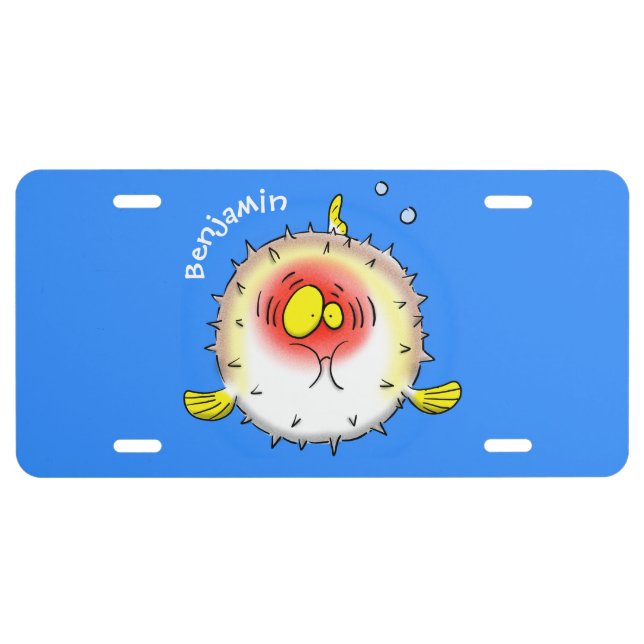 Funny puffer fish porcupine fish cartoon license plate (Front)