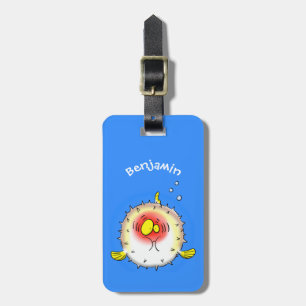 Funny puffer fish porcupine fish cartoon luggage tag