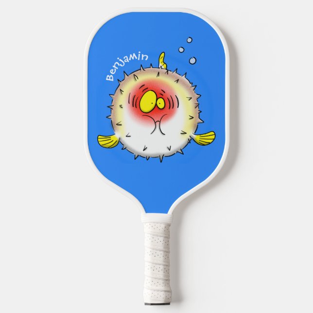 Funny puffer fish porcupine fish cartoon  pickleball paddle (Front)
