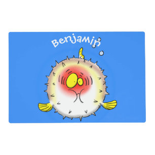 Funny puffer fish porcupine fish cartoon placemat