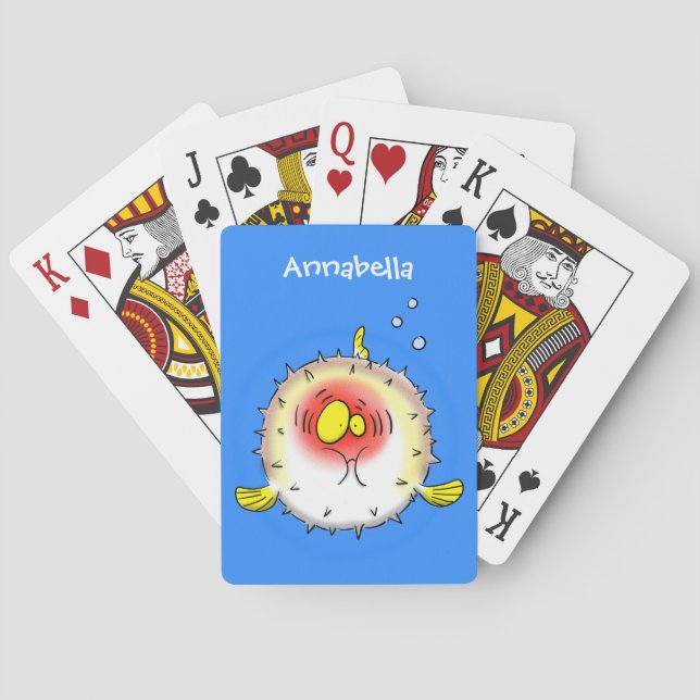 Funny puffer fish porcupine fish cartoon poker cards (Back)