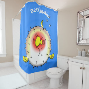 Funny puffer fish porcupine fish cartoon shower curtain