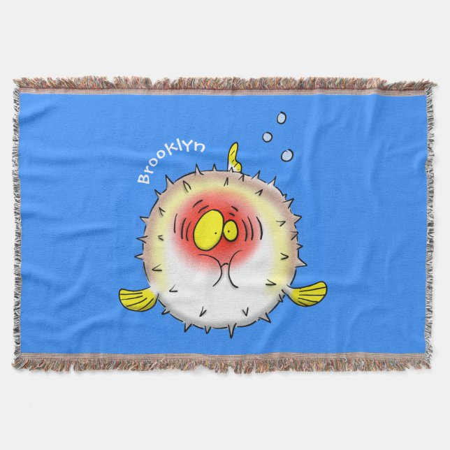 Funny puffer fish porcupine fish cartoon throw blanket (Front)