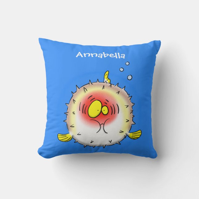 Funny puffer fish porcupine fish cartoon throw pillow (Front)