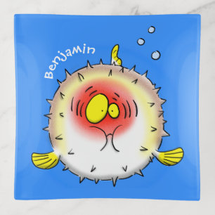 Funny puffer fish porcupine fish cartoon trinket tray