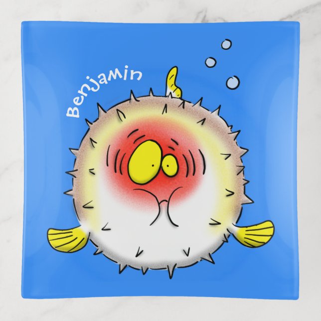 Funny puffer fish porcupine fish cartoon trinket tray (Front)