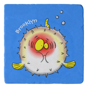 Funny puffer fish porcupine fish cartoon trivet