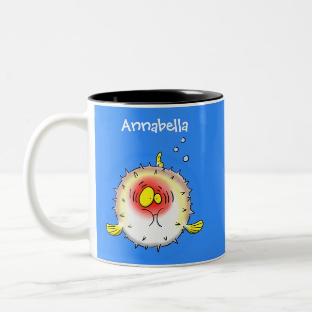 Funny puffer fish porcupine fish cartoon Two-Tone coffee mug (Left)