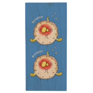 Funny puffer fish porcupine fish cartoon wood flash drive