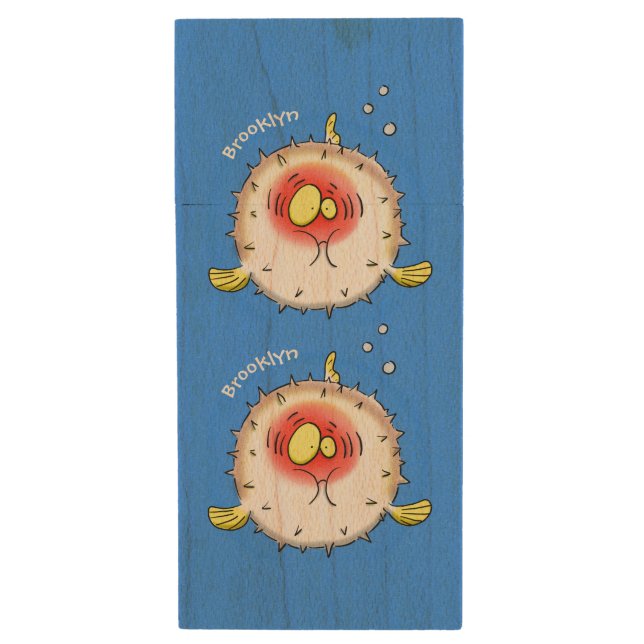 Funny puffer fish porcupine fish cartoon wood flash drive (Front Vertical)