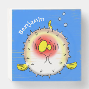 Funny puffer fish porcupine fish cartoon wooden box sign
