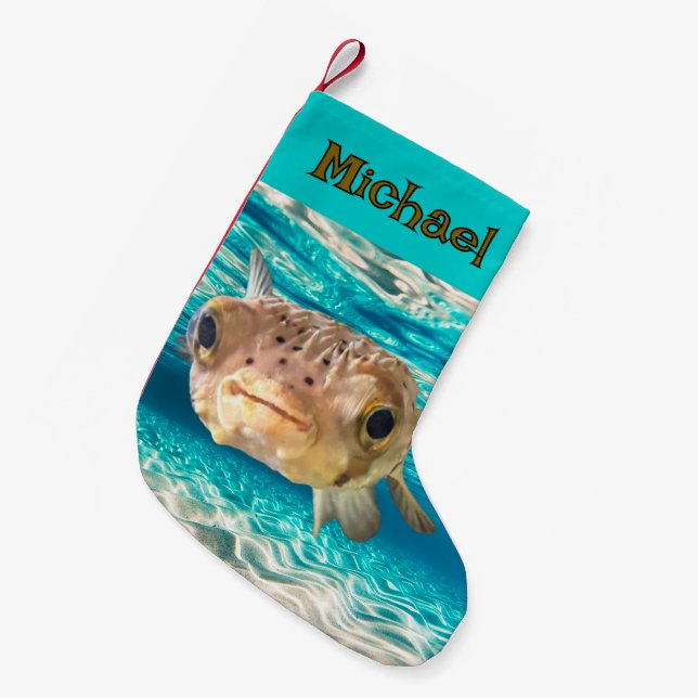 Funny Puffer Fish Warning: May Puff Under Pressure Small Christmas Stocking (Front (Hanging))
