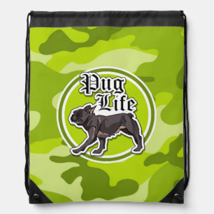 Funny Pug; bright green camo, camouflage Drawstring Bag