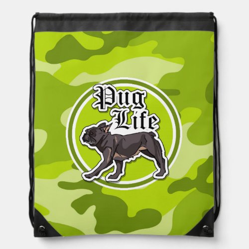 Funny Pug bright green camo camouflage Drawstring Bag