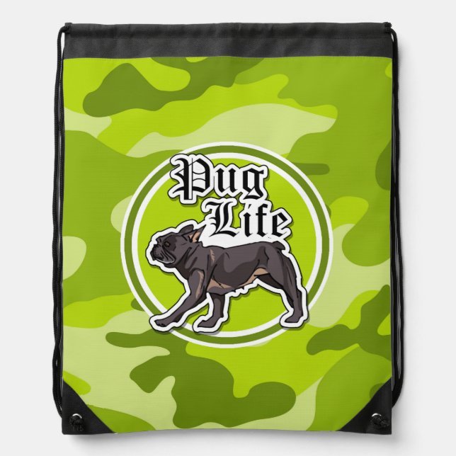 Funny Pug; bright green camo, camouflage Drawstring Bag (Front)