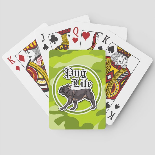 Funny Pug; bright green camo, camouflage Poker Cards (Back)