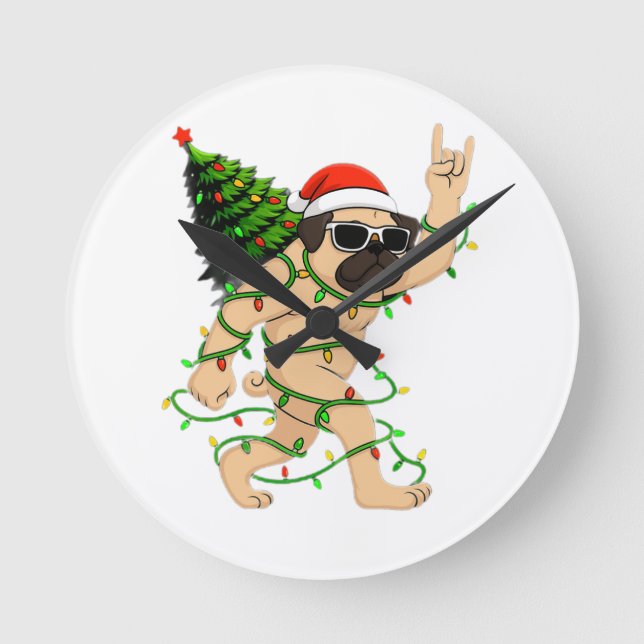 Funny Pug Christmas Lights Tree – Cute Xmas  Round Clock (Front)