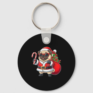 Funny Pug Christmas Santa Outfit Xmas Mom Dad Kids Keychain