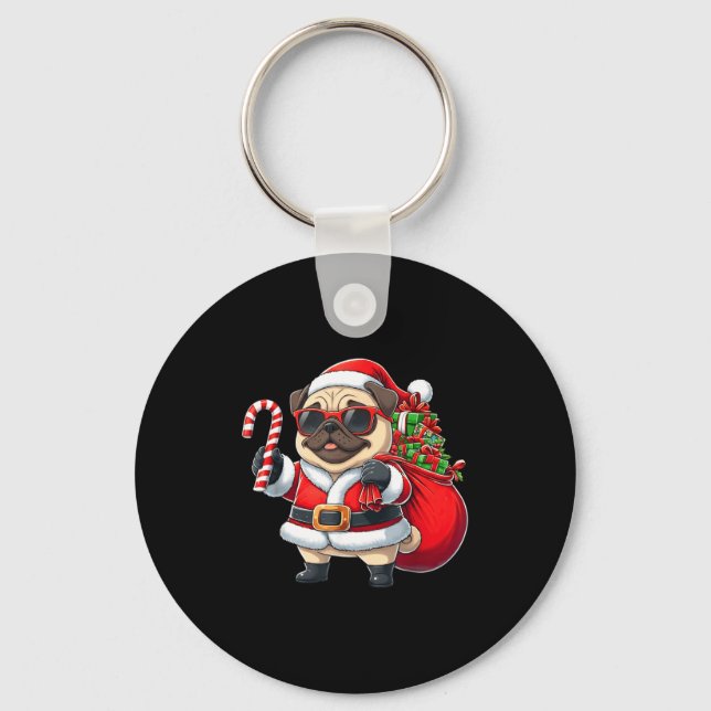 Funny Pug Christmas Santa Outfit Xmas Mom Dad Kids Keychain (Front)