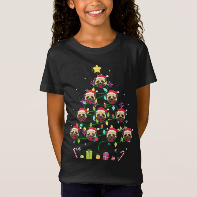 Funny Pug Christmas Tree Color Led Light T-Shirt (Front)