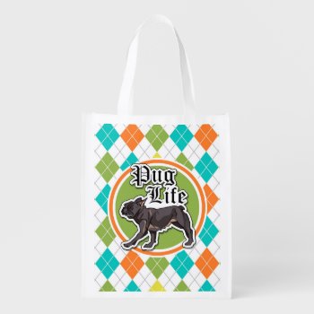Funny Pug; Colorful Argyle Pattern Reusable Grocery Bag by doozydoodles at Zazzle