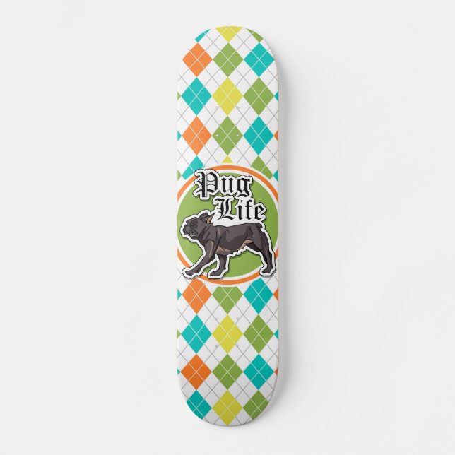 Funny Pug; Colorful Argyle Pattern Skateboard Deck (Front)
