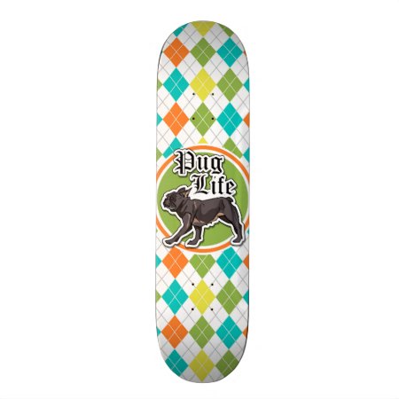 Funny Pug; Colorful Argyle Pattern Skateboard Deck