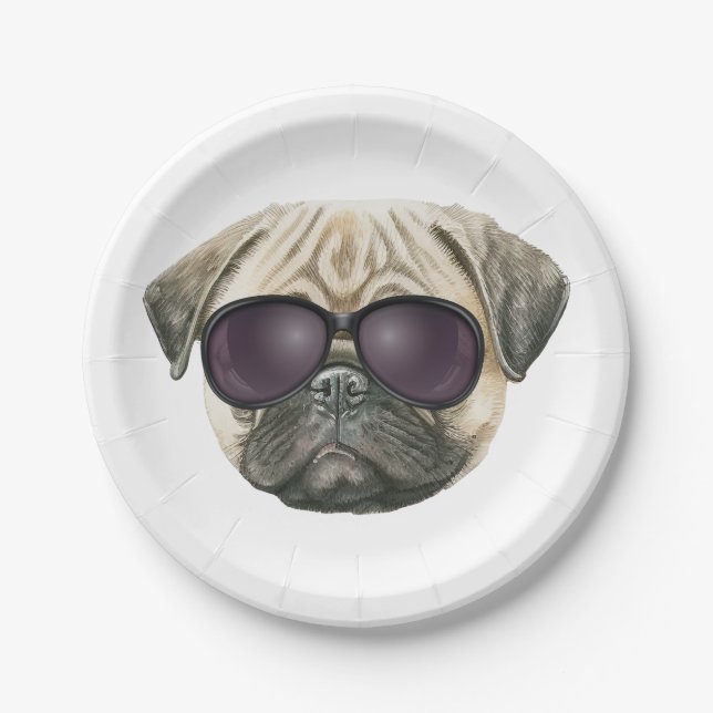 Funny pug, Cute french bulldog with glasses Paper Plates (Front)