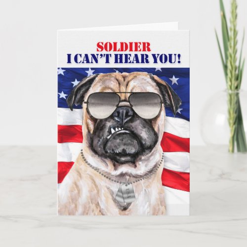 Funny Pug Dog and Flag Military Birthday Card