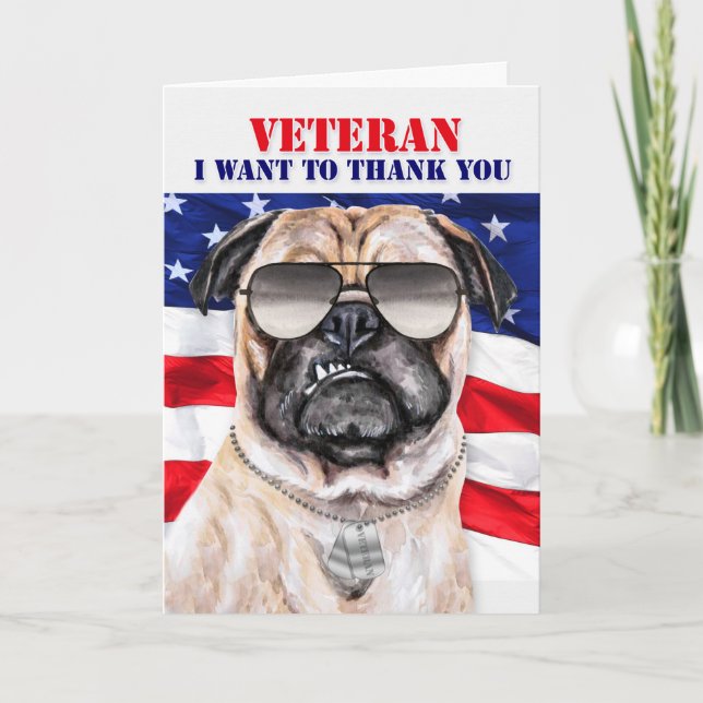 Funny Pug Dog and Flag Veterans Day Card (Front)