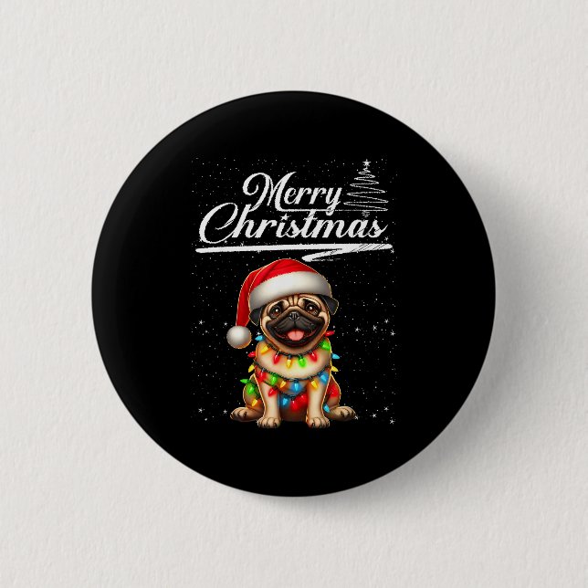 Funny Pug Dog Christmas Lights Santa Hat Candy Can Button (Front)