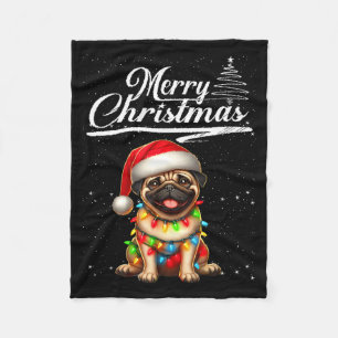 Funny Pug Dog Christmas Lights Santa Hat Candy Can Fleece Blanket