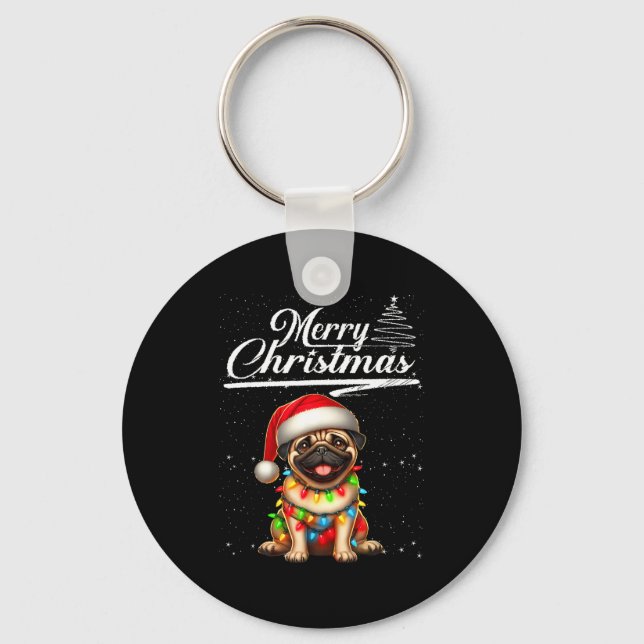 Funny Pug Dog Christmas Lights Santa Hat Candy Can Keychain (Front)