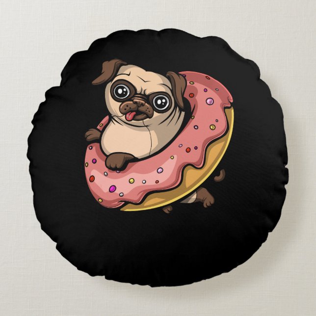 Funny Pug Dog Donut Lover Pet Round Pillow (Front)
