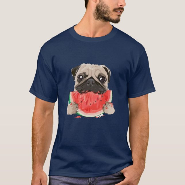 Funny Pug Dog Eating Watermelon Friend T-Shirt (Front)