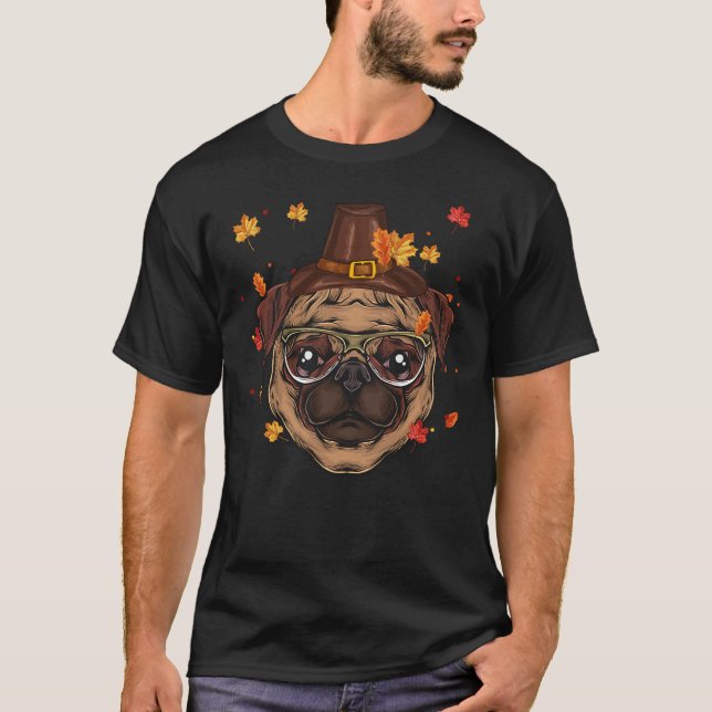Funny Pug Dog Lovers Pilgrim Hat Fall Happy Thanks T-Shirt (Front)