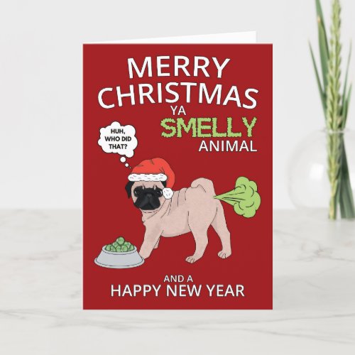 Funny Pug Dog Merry Christmas And New Year Holiday Card