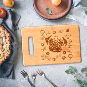 Funny Pug Dog Paws Treats Family Name Monogram Engraved Cutting Board
