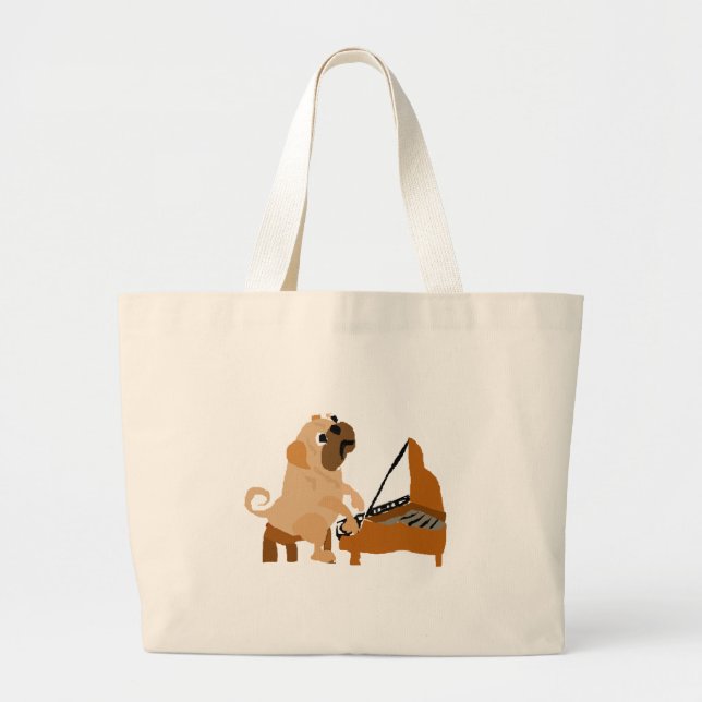 Funny Pug Dog Playing Piano Large Tote Bag (Front)