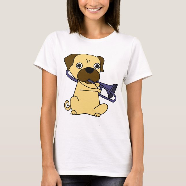 Funny Pug Dog Playing Trombone T-Shirt (Front)