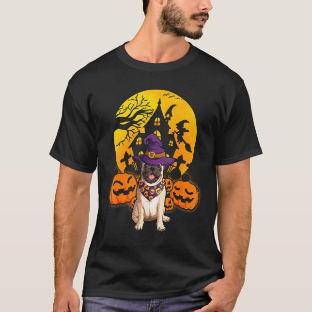Funny Pug Dog Pumpkin Witch Hat Halloween Costume  T-Shirt (Front)