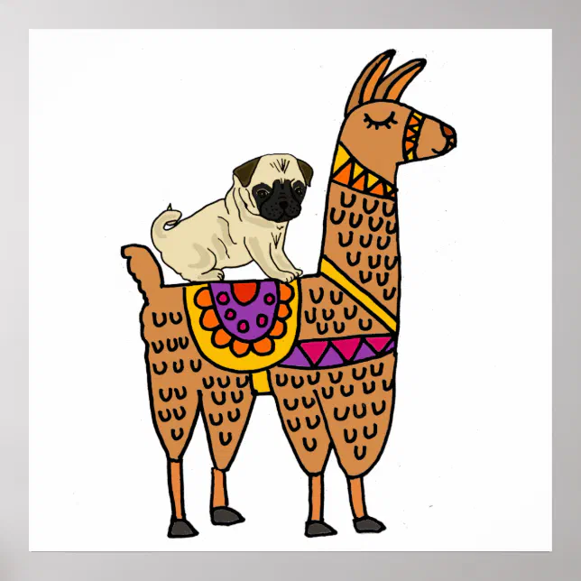 Funny Pug Dog Riding Llama Cartoon Poster | Zazzle