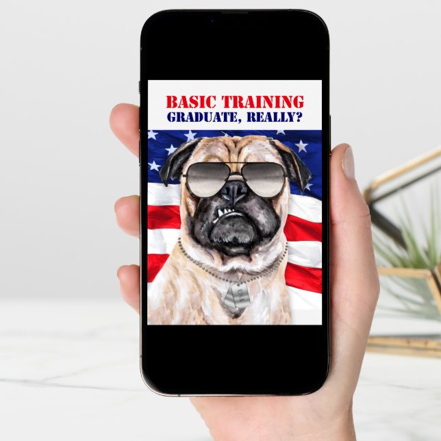 Funny Pug Dog USA Flag Basic Training Graduate Card (Front Digital)